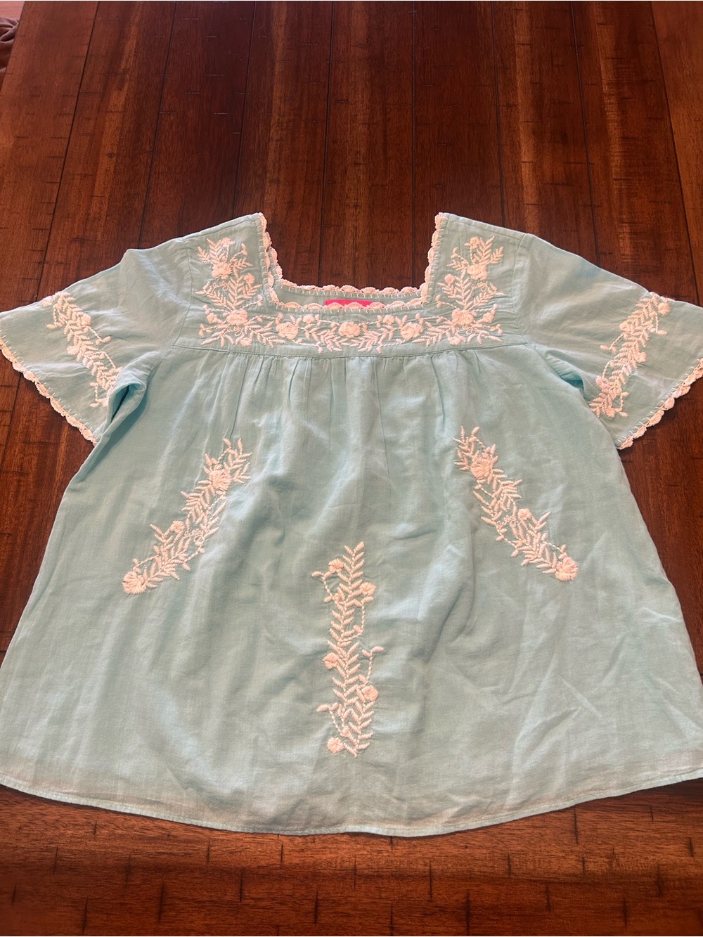 Lilly Pulitzer XS Aqua Blue Embroidered Cotton Tunic Top Square Neck Boho